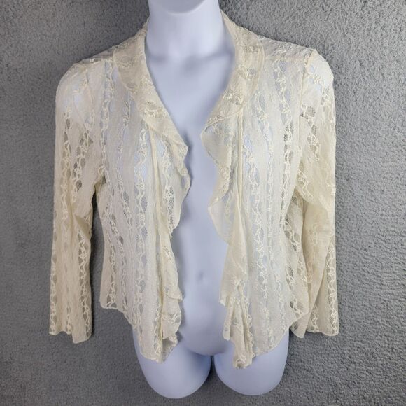 J Jill Ivory Stretch Lace Open Cardigan Large Romantic Fairycore Boho Sheer Y2K - Picture 2 of 12